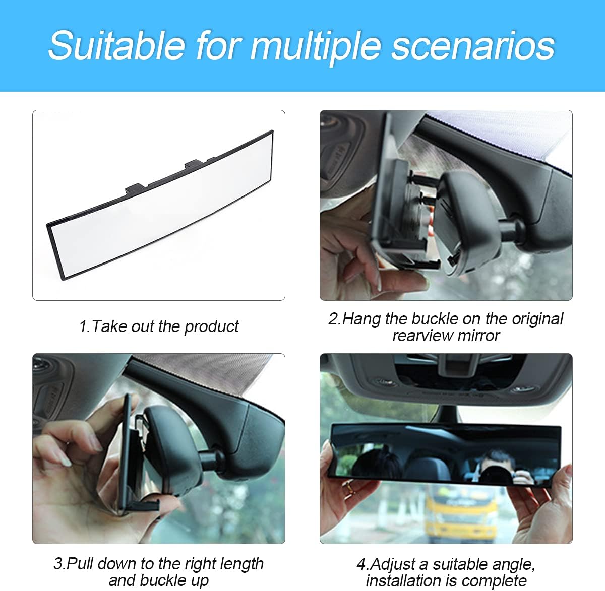 8sanlione 12 Inch Panoramic Car Rearview Mirror, Blue