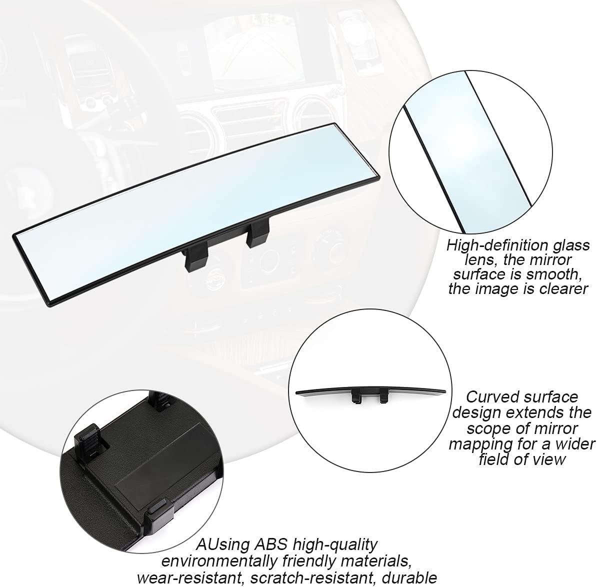 8sanlione 12 Inch Panoramic Car Rearview Mirror, Blue